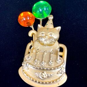 Vintage Brooch Kitten Birthday Balloons Gold Tone Kitty Blowing Out Candles